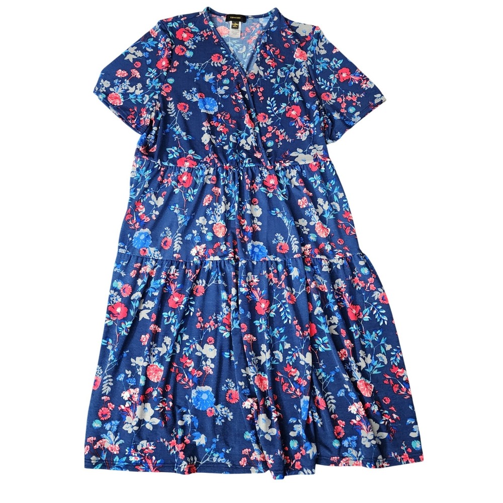 Espresso Women's Garden Tiered Midi Dress Blue Floral Surplice V-Neck Large